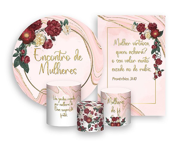 Kit 2 Painéis De Festa + Trio De Capas Cilindro - Encontro de Mulheres Rosa Floral 023