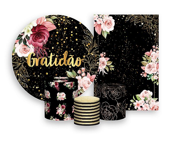 Kit 2 Painéis De Festa + Trio De Capas Cilindro - Gratidão Floral Efeito Brilhos 095