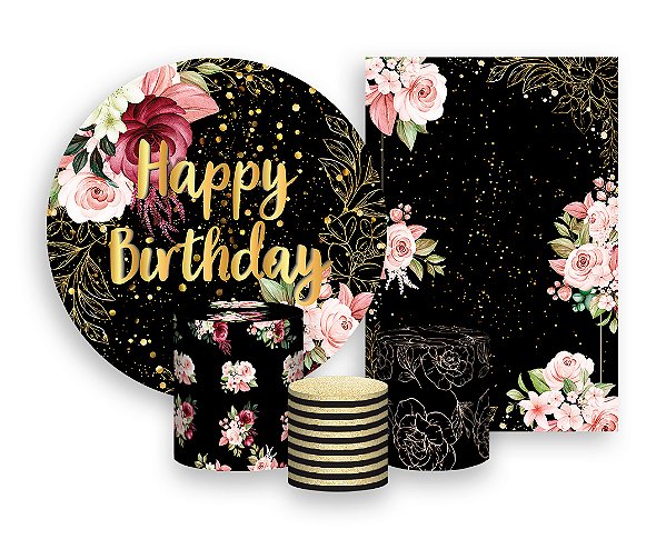 Kit 2 Painéis De Festa + Trio De Capas Cilindro - Happy Birthday Floral Efeito Brilhos 094