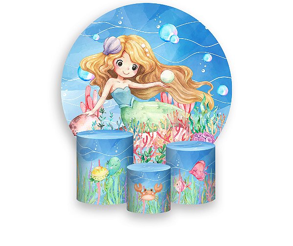 Painel De Festa Redondo 1,50 x 1,50 + Trio De Capas Cilindro - Fundo do Mar Sereia Cute Loira 013