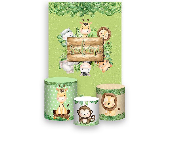 Painel De Festa Vertical 1,50 x 2,20 + Trio De Capas Cilindro - Safari Cute Aquarela 080