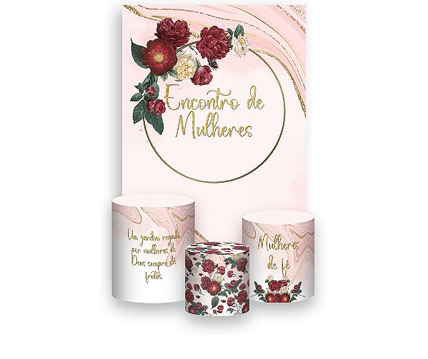 Painel De Festa Vertical 1,50 x 2,20 + Trio De Capas Cilindro - Encontro de Mulheres Rosa Floral 104