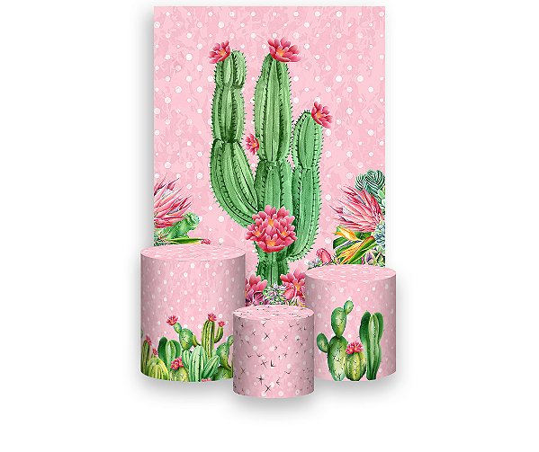 Painel De Festa Vertical 1,50 x 2,20 + Trio De Capas Cilindro - Cactos e Flores Rosas 126