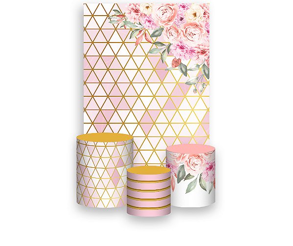 Painel De Festa Vertical 1,50 x 2,20 + Trio De Capas Cilindro - Geométrico Floral Rosa e Dourado 043