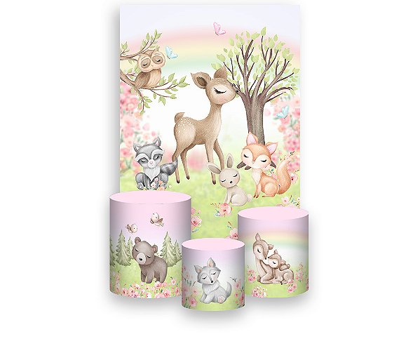 Painel De Festa Vertical 1,50 x 2,20 + Trio De Capas Cilindro - Bosque Rosa Cute 017