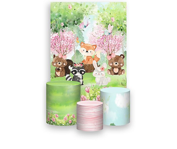 Painel De Festa Vertical 1,50 x 2,20 + Trio De Capas Cilindro - Bosque Animais Fofinhos 018