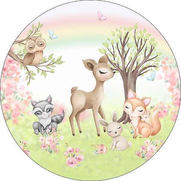 Painel De Festa Redondo 1,50x1,50 - Bosque Cute Rosa 026