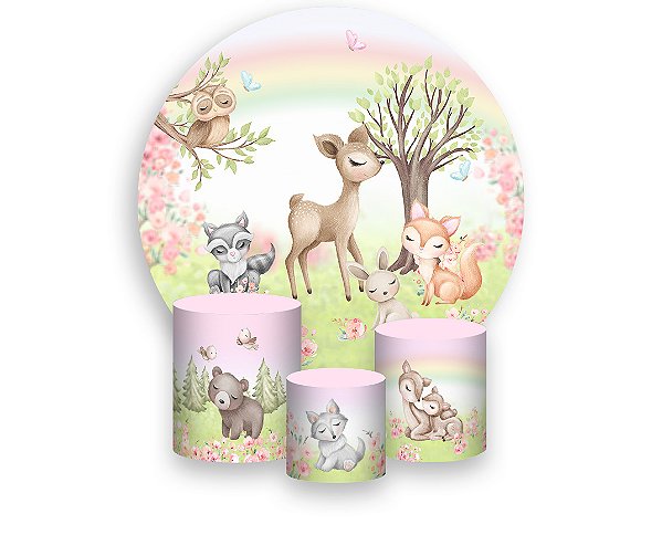 Painel De Festa Redondo 1,50 x 1,50 + Trio De Capas Cilindro - Bosque Rosa Cute 009