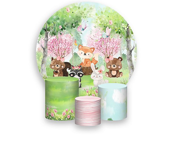 Painel De Festa Redondo 1,50 x 1,50 + Trio De Capas Cilindro - Bosque Animais Fofinhos 010