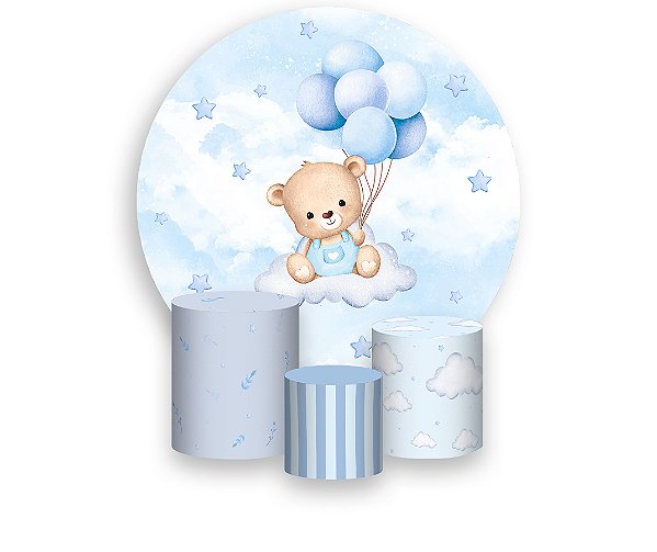 Painel De Festa Redondo 1,50 x 1,50 + Trio De Capas Cilindro - Ursinho de Pelúcia Azul 078