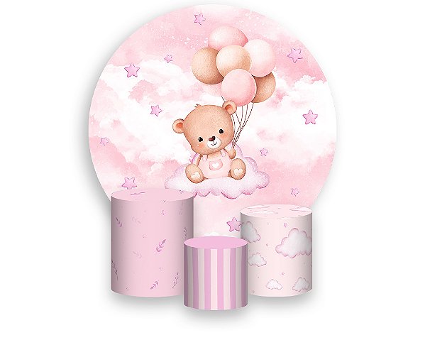 Painel De Festa Redondo 1,50 x 1,50 + Trio De Capas Cilindro - Ursinha de Pelúcia Rosa 080