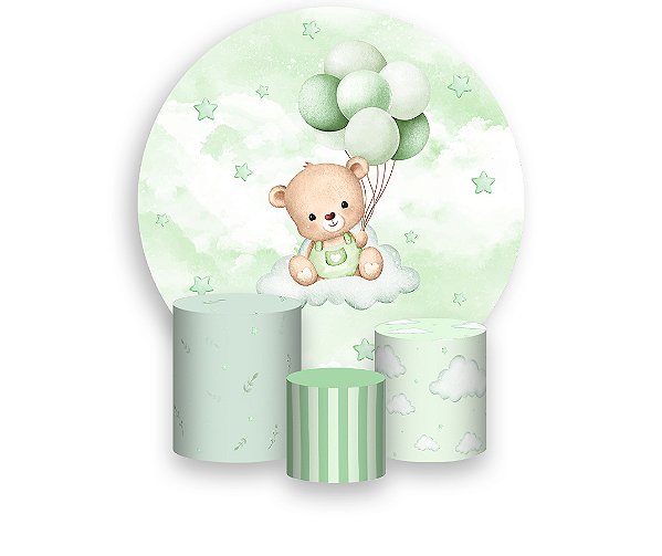 Painel De Festa Redondo 1,50 x 1,50 + Trio De Capas Cilindro - Ursinha de Pelúcia Verde 081
