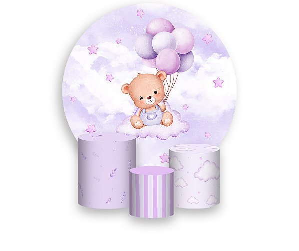 Painel De Festa Redondo 1,50 x 1,50 + Trio De Capas Cilindro - Ursinha de Pelúcia Lilás 079