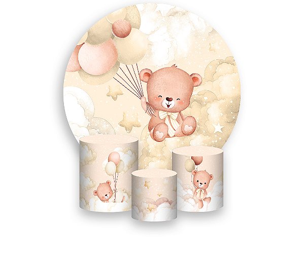 Painel De Festa Redondo 1,50 x 1,50 + Trio De Capas Cilindro - Ursinho Céu Bege 082