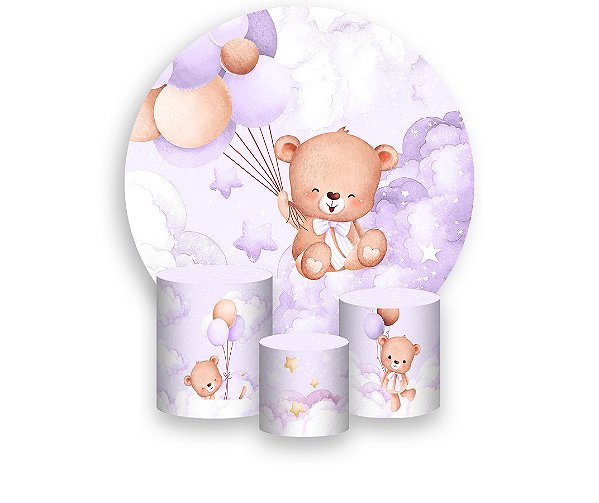 Painel De Festa Redondo 1,50 x 1,50 + Trio De Capas Cilindro - Ursinho Céu Lilás 083