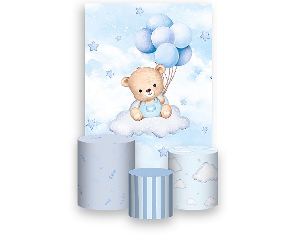 Painel De Festa Vertical 1,50 x 2,20 + Trio De Capas Cilindro - Ursinho de Pelúcia Azul 102