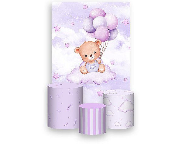 Painel De Festa Vertical 1,50 x 2,20 + Trio De Capas Cilindro - Ursinho de Pelúcia Lilás 104