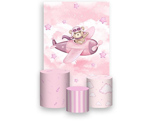 Painel De Festa Vertical 1,50 x 2,20 + Trio De Capas Cilindro - Ursinha Aviadora Rosa 105