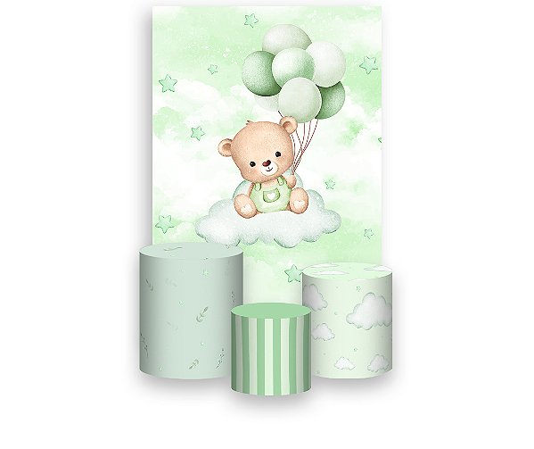 Painel De Festa Vertical 1,50 x 2,20 + Trio De Capas Cilindro - Ursinho de Pelúcia Verde 108