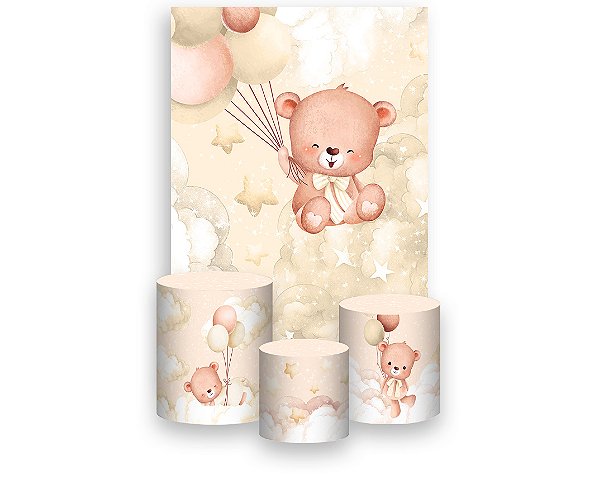 Painel De Festa Vertical 1,50 x 2,20 + Trio De Capas Cilindro - Ursinho de Pelúcia Bege 109