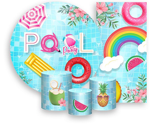 Painel De Festa + Trio De Capas Cilindro + Faixa Veste Fácil - Pool Party Piscina e Frutas 005