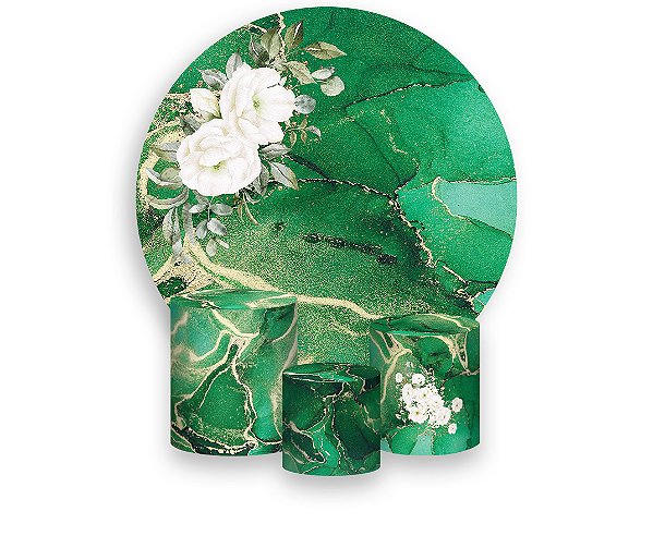 Painel De Festa Redondo 1,50 x 1,50 + Trio De Capas Cilindro - Efeito Mármore Verde Flor 087