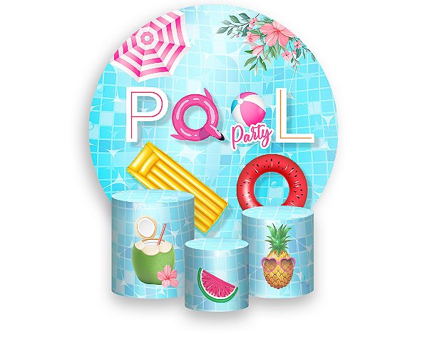Painel De Festa Redondo 1,50 x 1,50 + Trio De Capas Cilindro - Pool Party Piscina e Frutas 010