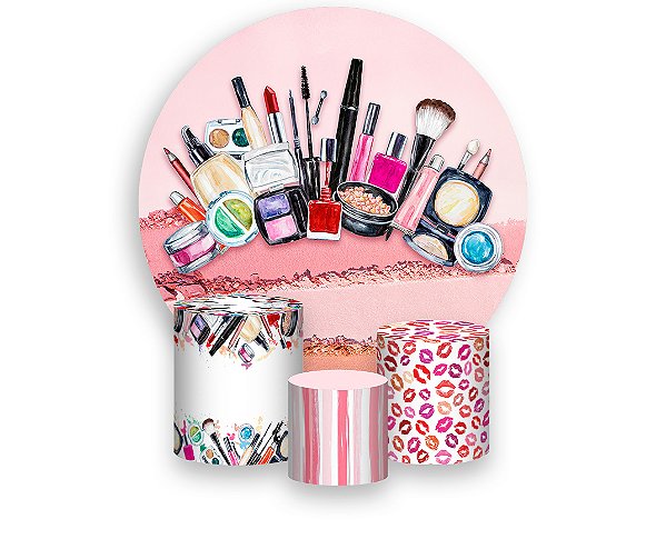 Painel De Festa Redondo 1,50 x 1,50 + Trio De Capas Cilindro - Maquiagem Batom Rosa 009