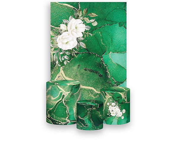 Painel De Festa Vertical 1,50 x 2,20 + Trio De Capas Cilindro - Efeito Mármore Verde Flor 127