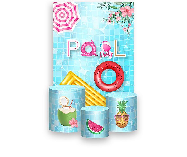 Painel De Festa Vertical 1,50 x 2,20 + Trio De Capas Cilindro - Pool Party Piscina Azul e Frutas 013