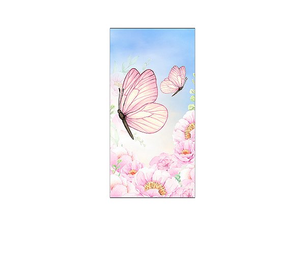 Painel De Festa Vertical 1,00 x 2,00 - Borboleta com Flor Peônia Azul e Rosa 051