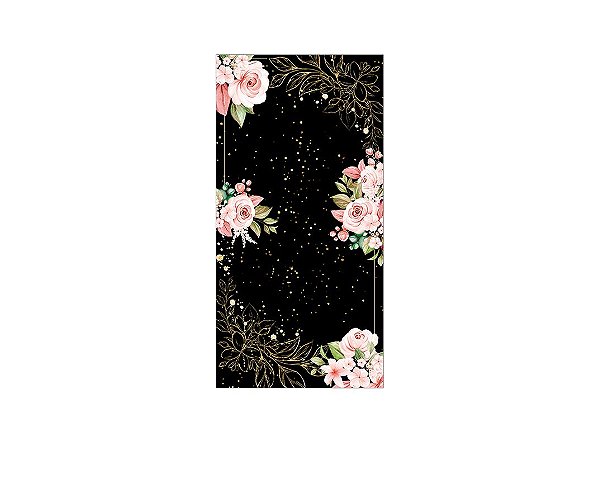 Painel De Festa Vertical 1,00 x 2,00 - Preto com Flores Rosa Efeito Brilhos 031