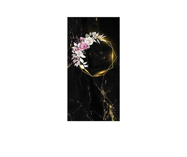 Painel De Festa Vertical 1,00 x 2,00 - Floral Efeito Marmorizado Preto e Dourado 026