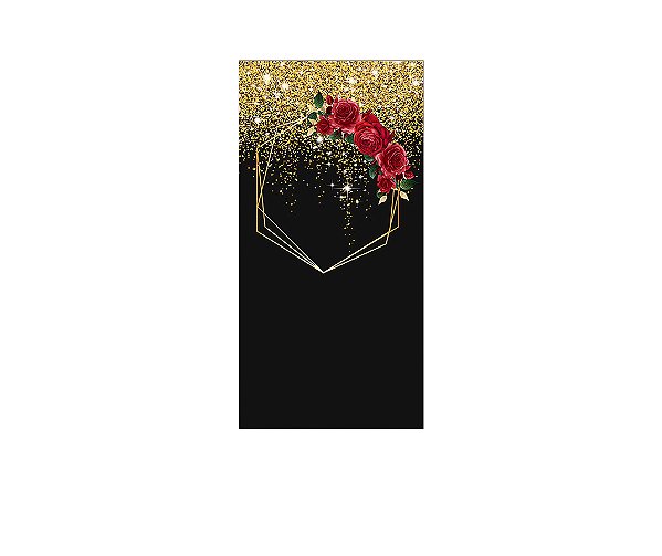Painel De Festa Vertical 1,00 x 2,00 - Geométrico Dourado com Rosas Vermelhas 033