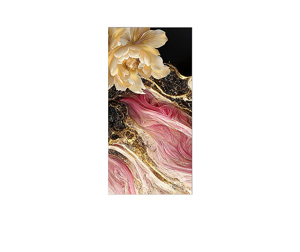 Painel De Festa Vertical 1,00 x 2,00 - Efeito Marmorizado com Flor Rosa e Dourado 077