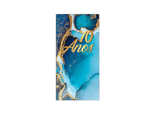 Painel De Festa Vertical 1,00 x 2,00 - Efeito Mármore Azul com Dourado 70 Anos 056