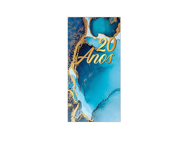 Painel De Festa Vertical 1,00 x 2,00 - Efeito Mármore Azul com Dourado 20 Anos 061
