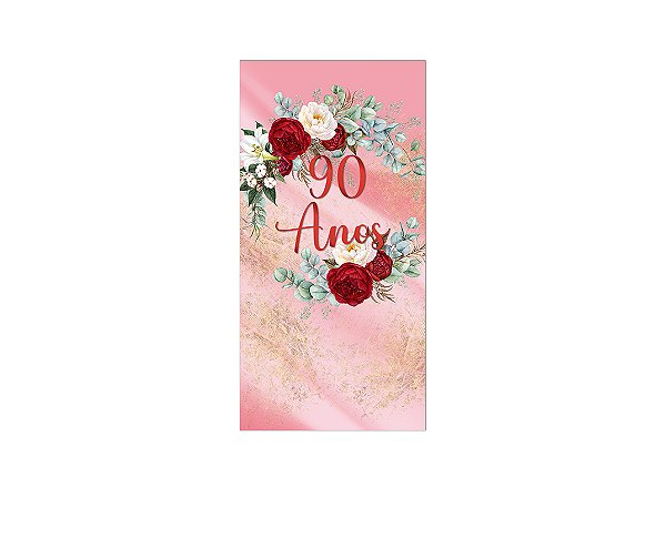 Painel De Festa Vertical 1,00 x 2,00 - Efeito Mármore Floral 90 Anos 073