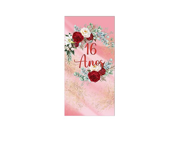 Painel De Festa Vertical 1,00 x 2,00 - Efeito Mármore Floral 16 Anos 129