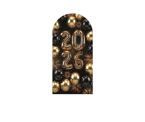 Painel De Festa Romano 1,00x2,00- Ano Novo Preto com Balões Dourados 016