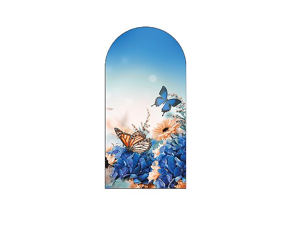 Painel De Festa Romano 1,00x2,00- Borboleta e Flores Azuis e Douradas 015