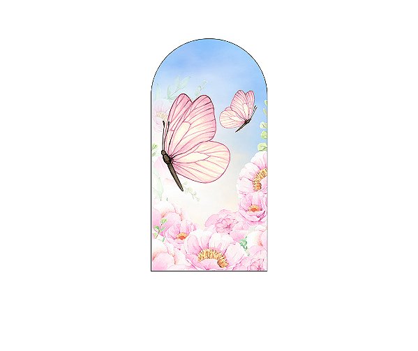 Painel De Festa Romano 1,00x2,00- Borboleta com Flor Peônia Azul e Rosa 051
