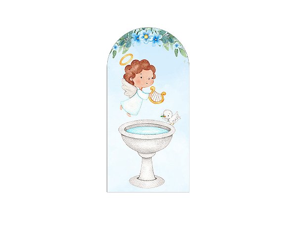Painel De Festa Romano 1,00x2,00- Batizado Anjinho Azul com Folhas 040