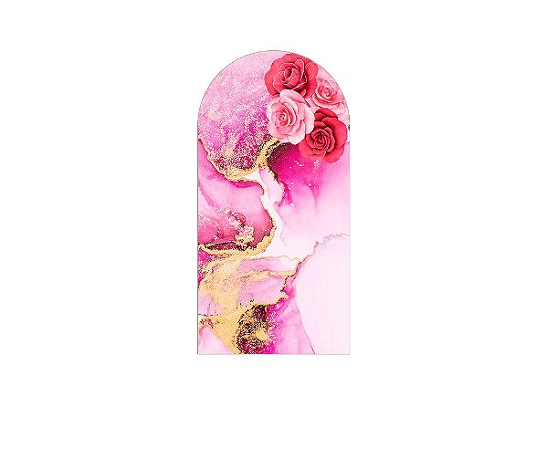 Painel De Festa Romano 1,00x2,00- Flores Efeito Mármore Rosa e Dourado 028