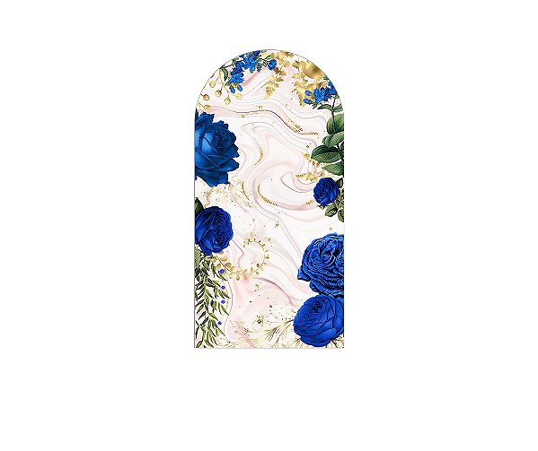 Painel De Festa Romano 1,00x2,00- Flores Azuis Efeito Mármore Rose e Dourado 054