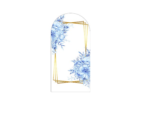 Painel De Festa Romano 1,00x2,00- Geométrico Dourado com Flores Azuis 125