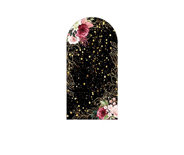 Painel Romano Veste Fácil 1,00x2,00 - Preto com Flores Rosa Efeito Brilhos 031