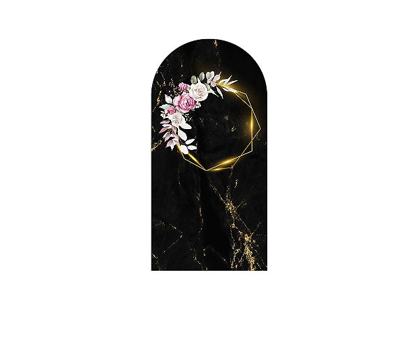 Painel De Festa Romano 1,00x2,00- Floral Efeito Marmorizado Preto e Dourado 026
