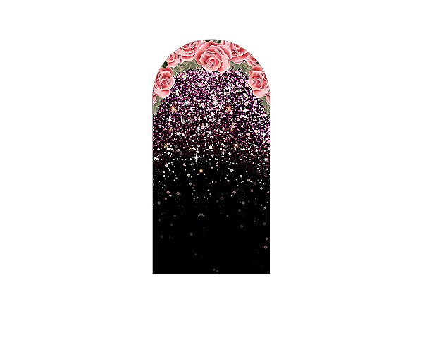 Painel De Festa Romano 1,00x2,00- Preto com Flores Rosas Efeito Glitter 008