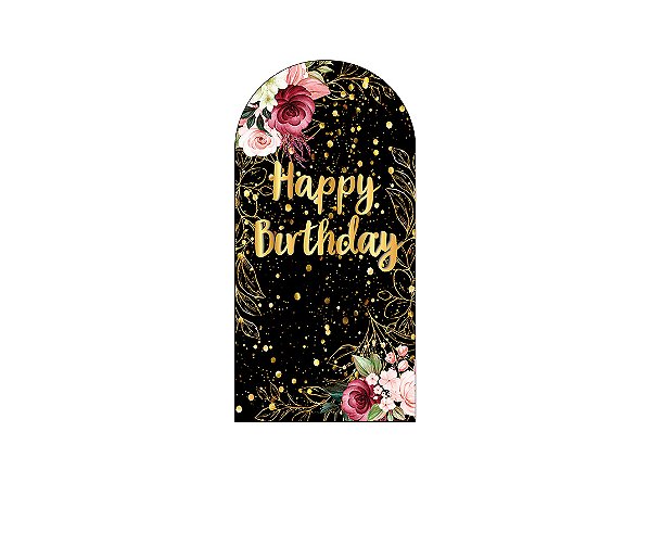 Painel De Festa Romano 1,00x2,00- Flores Happy Birthday Dourado 006